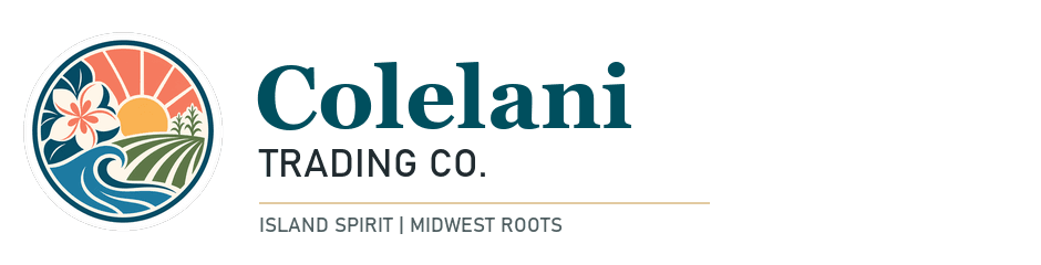 Colelani Trading Co. logo with Hawaiian flower, ocean wave, Midwest field, and sunrise